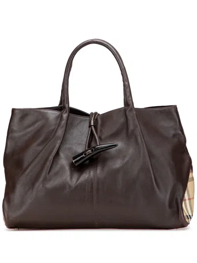 Pre-owned Burberry 2000-2017 Medium House Check Trimmed Leather Horn Toggle Tote Bag In Brown