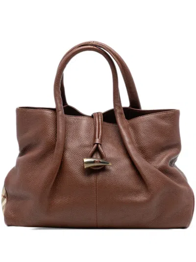 Pre-owned Burberry 2000-2017 Medium House Check Trimmed Leather Horn Toggle Tote Bag In Brown