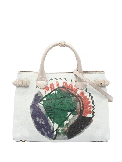 Pre-owned Burberry 2000-2017 Medium Leather And House Check Canvas Pallas Head Banner Satchel In White