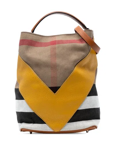 Pre-owned Burberry 2000-2017 Medium Mega Check Canvas And Calfskin Chevron Ashby Bucket Satchel In Brown