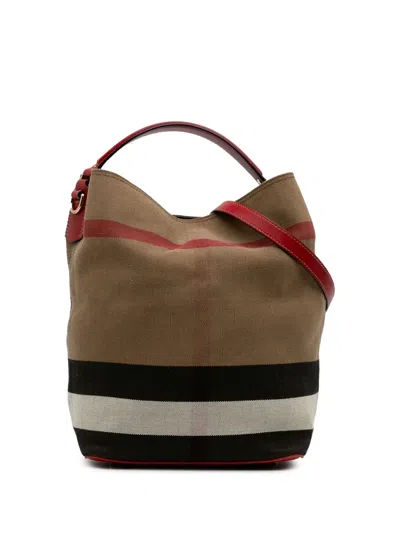 Pre-owned Burberry 2000-2017 Medium Mega Check Canvas Ashby Bucket Bag Satchel