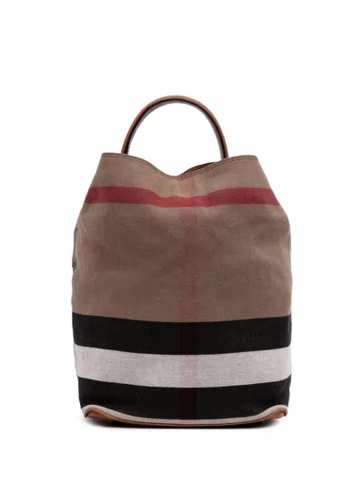 Pre-owned Burberry 2000-2017 Medium Mega Check Canvas Ashby Bucket Bag Satchel In Brown