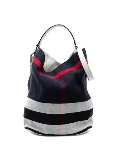 Pre-owned Burberry 2000-2017 Medium Mega Check Canvas Ashby Bucket Bag Satchel In Blue