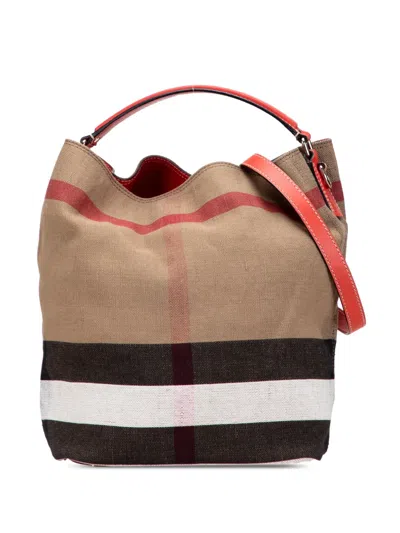 Pre-owned Burberry 2000-2017 Medium Mega Check Canvas Ashby Bucket Bag Satchel In Brown