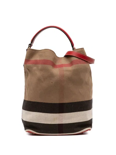 Pre-owned Burberry 2000-2017 Medium Mega Check Canvas Ashby Bucket Bag Satchel In Brown