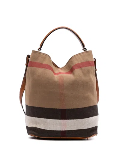 Pre-owned Burberry 2000-2017 Medium Mega Check Canvas Ashby Bucket Bag Satchel In Brown