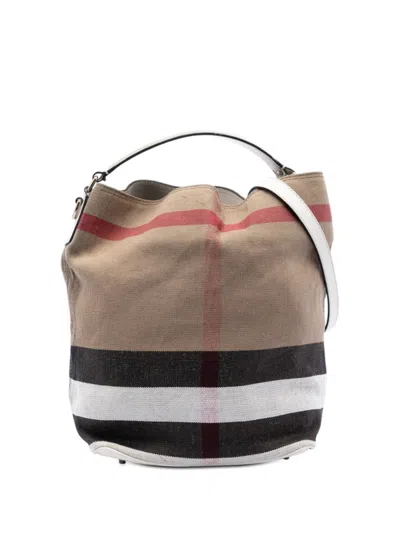 Pre-owned Burberry 2000-2017 Medium Mega Check Canvas Ashby Bucket Bag Satchel In Brown