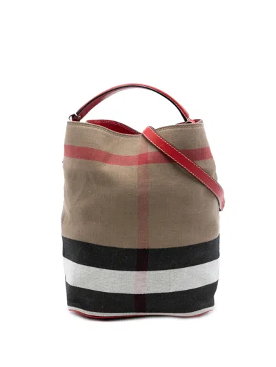 Pre-owned Burberry 2000-2017 Medium Mega Check Canvas Ashby Bucket Bag Satchel In Brown