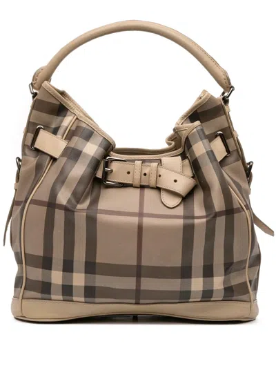 Pre-owned Burberry 2000-2017 Medium Smoke Check Coated Canvas Walden Belted Hobo Shoulder Bag In Brown