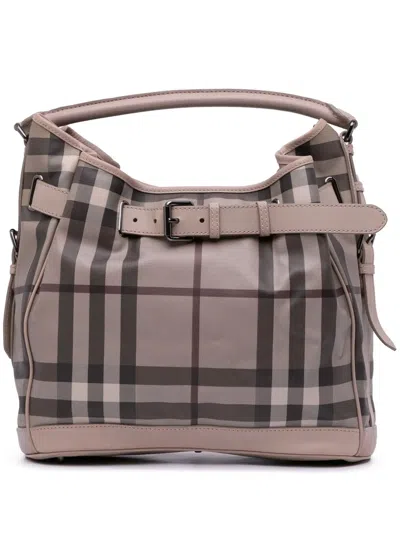 Pre-owned Burberry 2000-2017 Medium Smoked Check Coated Canvas Walden Belted Hobo Shoulder Bag In Gray