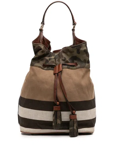 Pre-owned Burberry 2000-2017 Mega Check Canvas Camouflage Susanna Tassel Bucket Bag In Brown