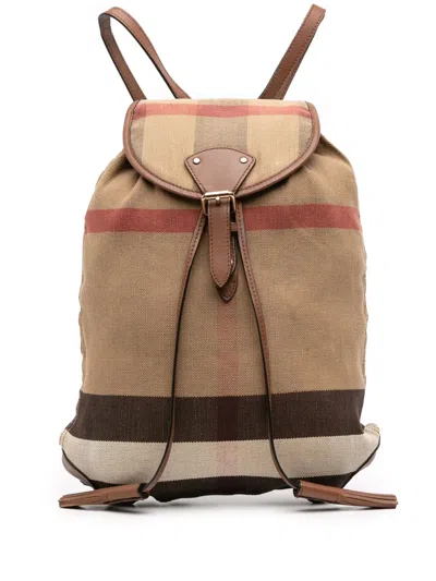Pre-owned Burberry 2000-2017 Mega Check Canvas Drawstring Backpack In Brown