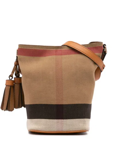 Pre-owned Burberry 2000-2017 Mini Mega Check Canvas Ashby Tassel Bucket Bag In Brown