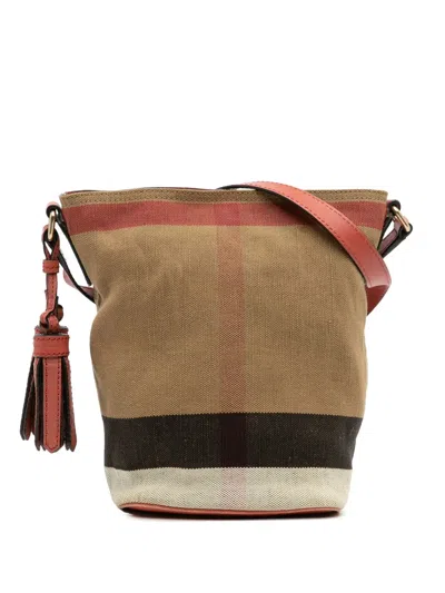 Pre-owned Burberry 2000-2017 Mini Mega Check Canvas Ashby Tassel Bucket Bag In Brown