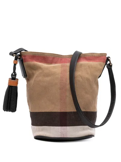 Pre-owned Burberry 2000-2017 Mini Mega Check Canvas Ashby Tassel Bucket Bag In Brown