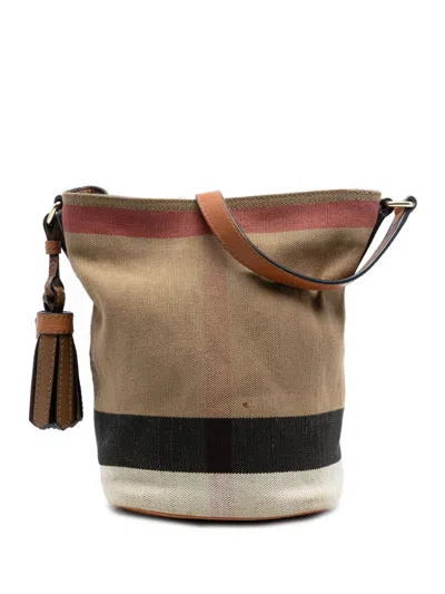 Pre-owned Burberry 2000-2017 Mini Mega Check Canvas Ashby Tassel Bucket Bag In Brown