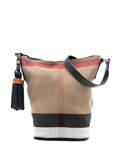Pre-owned Burberry 2000-2017 Mini Mega Check Canvas Ashby Tassel Bucket Bag In Brown