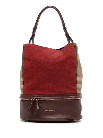 Pre-owned Burberry 2000-2017 Nubuck And House Check Canvas Beckett Bucket Bag In Red