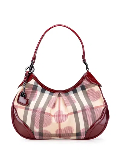 Pre-owned Burberry 2000-2017 Patent Trimmed House Check Canvas Hearts Shoulder Bag In Red