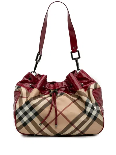 Pre-owned Burberry 2000-2017 Patent Trimmed Supernova Check Coated Canvas Shoulder Bag In Brown