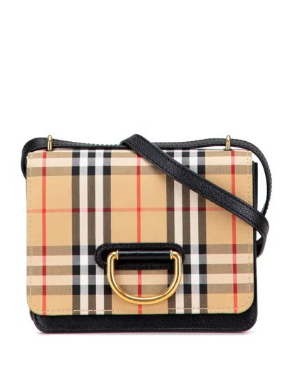 Pre-owned Burberry 2000-2017 Small Goatskin Trimmed House Check Canvas D Ring Crossbody Bag In Brown