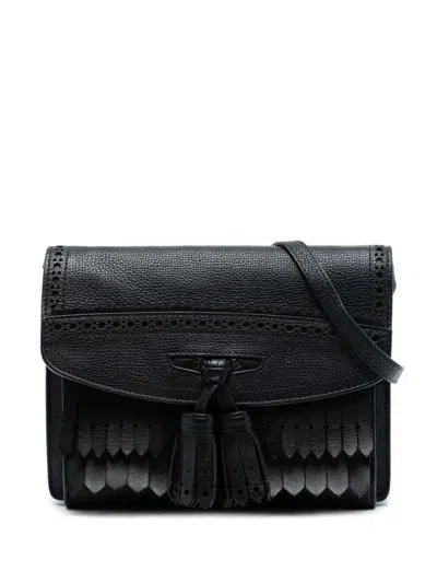 Pre-owned Burberry 2000-2017 Small Grainy Calfskin Broguing Tassel Macken Crossbody Bag In Black