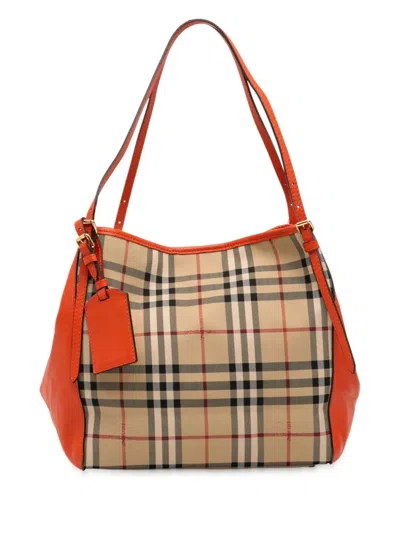 Pre-owned Burberry 2000-2017 Small Haymarket Check Canvas And Leather Canterbury Tote Bag In Brown