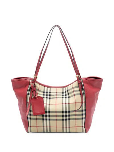 Pre-owned Burberry 2000-2017 Small Haymarket Check Canvas And Leather Canterbury Tote Bag In Brown