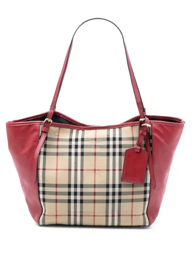 Pre-owned Burberry 2000-2017 Small Haymarket Check Canvas And Leather Canterbury Tote Bag In Brown