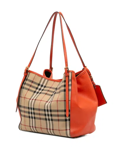 Pre-owned Burberry 2000-2017 Small Haymarket Check Canvas And Leather Canterbury Tote Bag In Orange