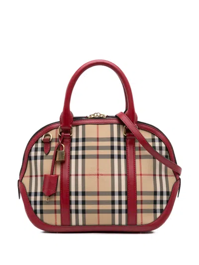 Pre-owned Burberry 2000-2017 Small Haymarket Check Canvas Orchard Bowling Bag Satchel In Brown