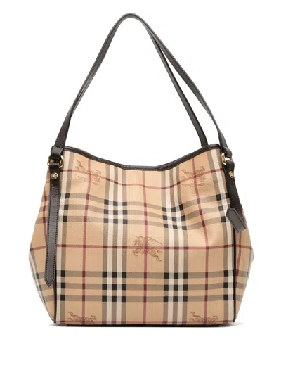 Pre-owned Burberry 2000-2017 Small Haymarket Check Coated Canvas Canterbury Tote Bag In Brown