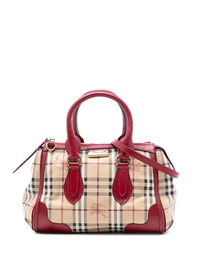 Pre-owned Burberry 2000-2017 Small Haymarket Check Coated Canvas Gladstone Satchel In Brown