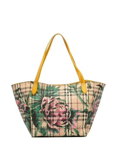 Pre-owned Burberry 2000-2017 Small Haymarket Check Floral Print Coated Canvas Canterbury Tote Bag In Brown