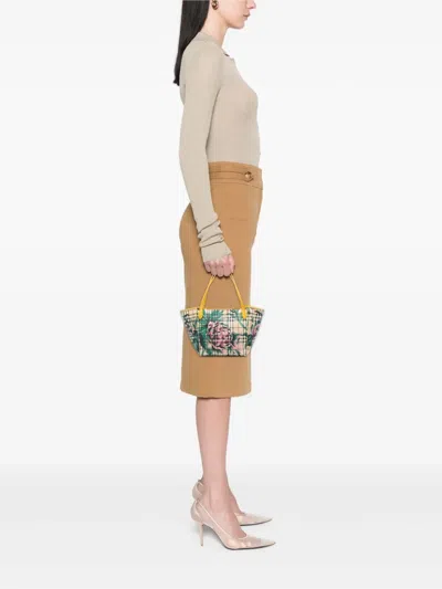 Pre-owned Burberry 2000-2017 Small Haymarket Check Floral Print Coated Canvas Canterbury Tote Bag In Brown