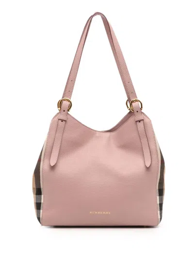 Pre-owned Burberry 2000-2017 Small Leather And House Check Canvas Canterbury Tote Bag In Pink