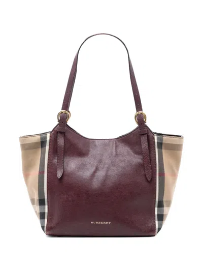 Pre-owned Burberry 2000-2017 Small Leather And House Check Canvas Canterbury Tote Bag In Red