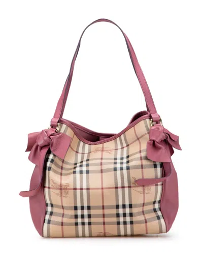 Pre-owned Burberry 2000-2017 Small Leather Trimmed Haymarket Check Coated Canvas Canterbury Bow Tote Bag In Brown