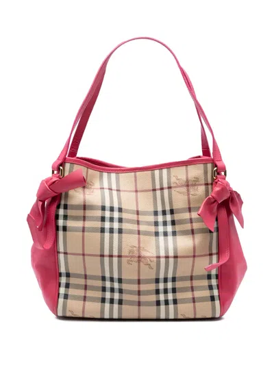 Pre-owned Burberry 2000-2017 Small Leather Trimmed Haymarket Check Coated Canvas Canterbury Bow Tote Bag In Pink