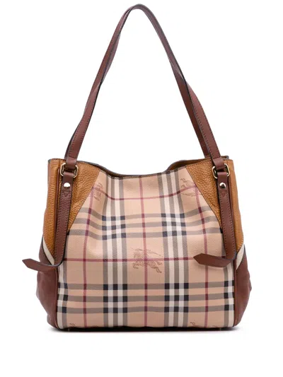 Pre-owned Burberry 2000-2017 Small Leather Trimmed Haymarket Check Coated Canvas Canterbury Tote Bag In Brown