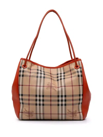 Pre-owned Burberry 2000-2017 Small Leather Trimmed Haymarket Check Coated Canvas Canterbury Tote Bag In Brown