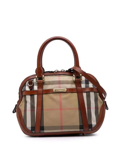 Pre-owned Burberry 2000-2017 Small Leather Trimmed House Check Canvas Bridle Orchard Satchel In Brown