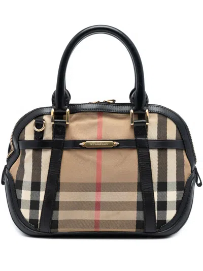 Pre-owned Burberry 2000-2017 Small Leather Trimmed House Check Canvas Bridle Orchard Satchel In Brown