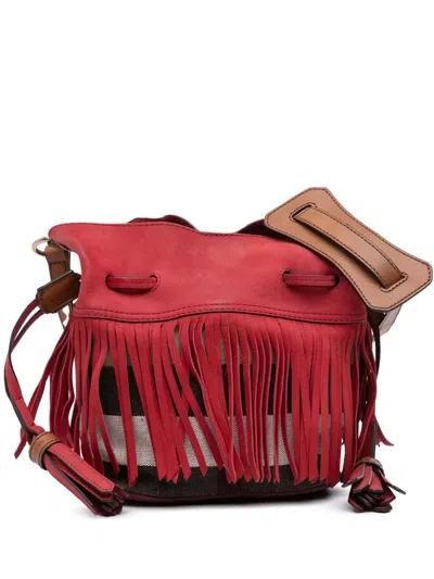 Pre-owned Burberry 2000-2017 Small Mega Check Canvas And Suede Fringe Belgrove Bucket Bag In Brown
