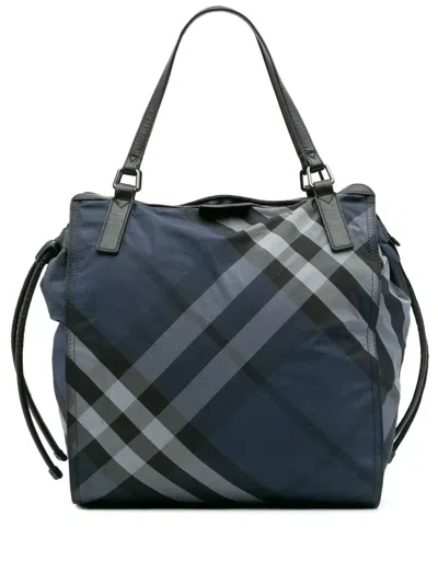 Pre-owned Burberry 2000-2017 Smoke Check Nylon Buckleigh Tote Bag In Blue