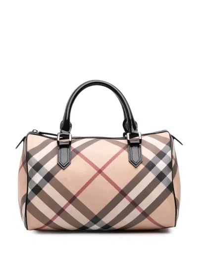 Pre-owned Burberry 2000-2017 Supernova Check Coated Canvas Boston Bag In Brown