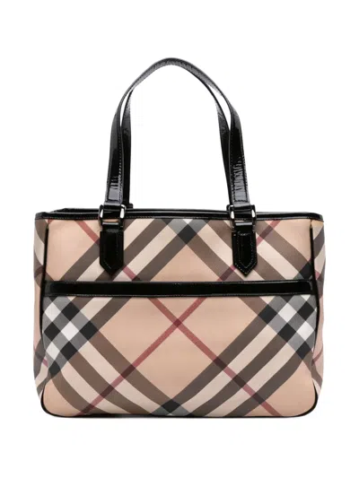 Pre-owned Burberry 2000-2017 Supernova Check Coated Canvas Tote Bag In Brown