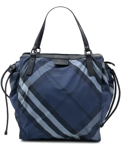 Pre-owned Burberry 2000-2017 Supernova Check Nylon Buckleigh Tote Bag In Blue