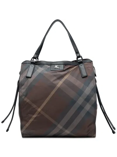 Pre-owned Burberry 2000-2017 Supernova Check Nylon Buckleigh Tote Bag In Brown