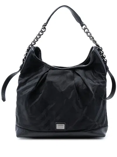 Pre-owned Burberry 2000-2017 Tonal Check Nylon Shoulder Bag In Black